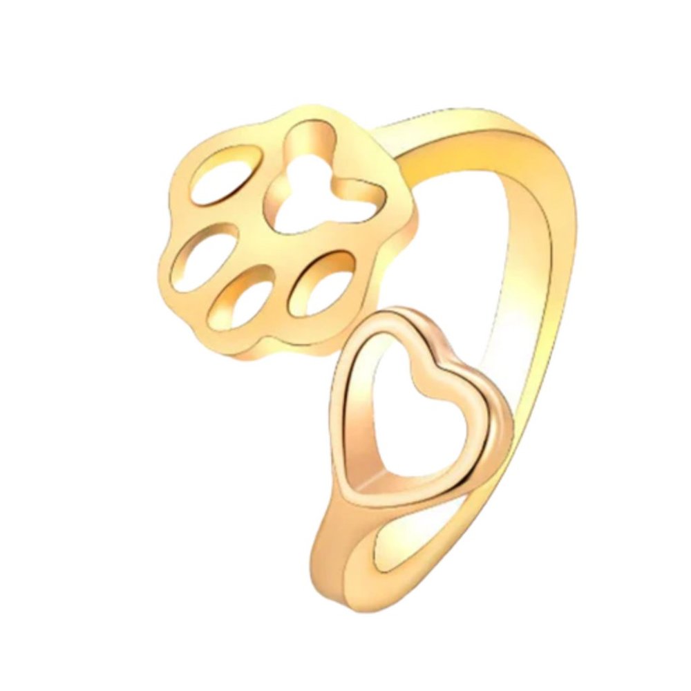 Dog Paw Heart Ring Love My Dog Gold Adjustable Puppy NEW w pouch